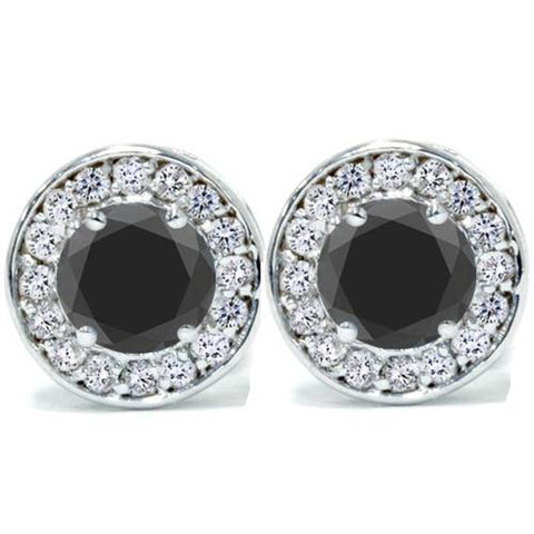 5/8ct Treated Black & Diamond Round Halo Studs 14K White Gold 1/3"