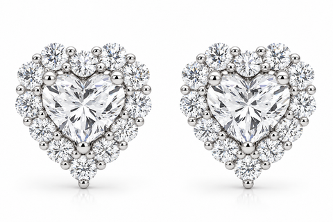 1.30Ct Heart Shape Diamond Halo Studs White or Yellow Gold Lab Grown