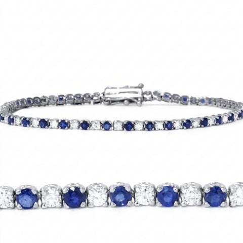 2ct TW Blue Sapphire & Round Diamond Genuine Tennis Bracelet 14K White Gold