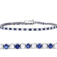 2ct TW Blue Sapphire & Round Diamond Genuine Tennis Bracelet 14K White Gold