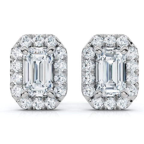 VS 3/4Ct Emerald Lab Grown Diamond Halo Studs Silver Earrings