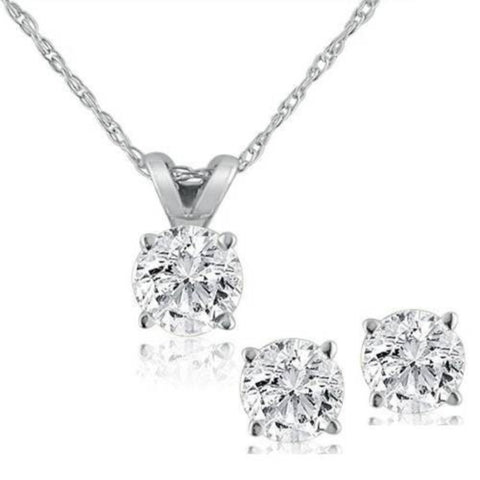 1/2Ct TW Diamond Solitaire Necklace Studs Set 14K White Gold Lab Grown