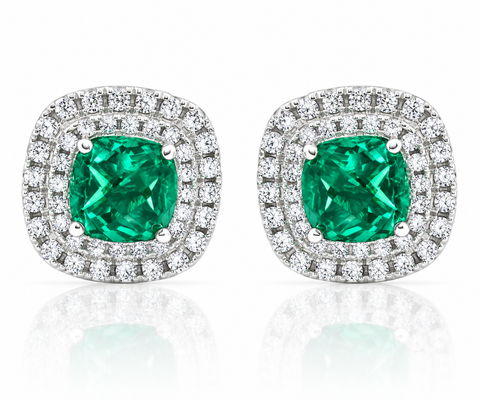 VS 4Ct TW Emerald & Lab Grown Diamond Cushion Halo Studs 14k White Gold Earrings