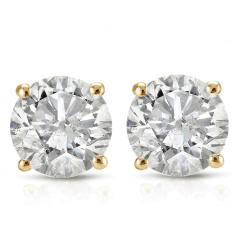2Ct TW Round Cut Natural Diamond Studs With Screw Backs 14k Yellow Gold