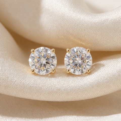 2Ct TW Round Cut Natural Diamond Studs With Screw Backs 14k Yellow Gold