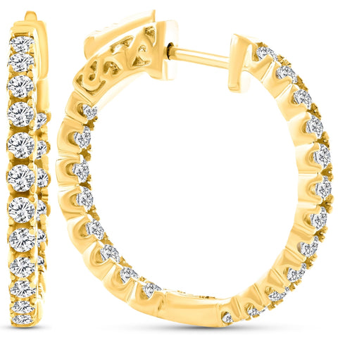 H/SI 2Ct Diamond Inside Outside 14K Yellow Gold Hoops 10 Grams Lock 1" Tall