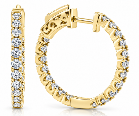 H/SI 2Ct Diamond Inside Outside 14K Yellow Gold Hoops 10 Grams Lock 1" Tall