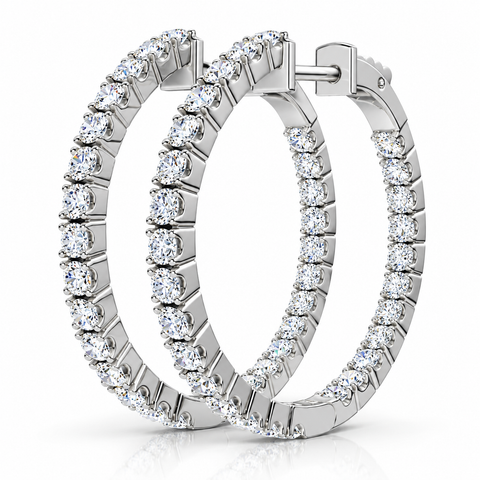 1 1/2 ct Diamond Inside Outside Hoops Vault Lock 1" Tall 14k White Gold