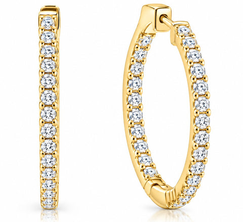 VS 1 1/2 ct Diamond Inside Outside Hoops Vault Lock 1" Tall 14k Yellow Gold