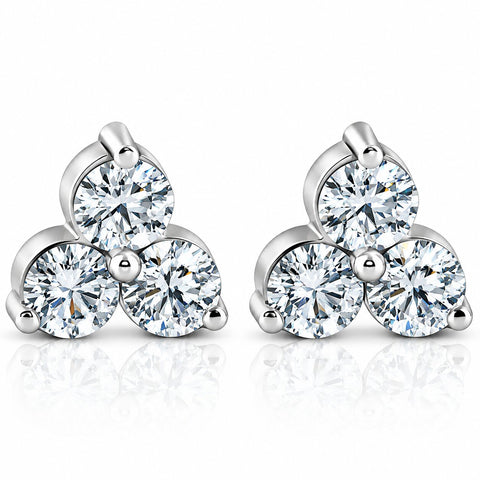 G/VS 1ct Lab Grown Diamond 3 Stone Studs Womens Earrings 14K White Gold
