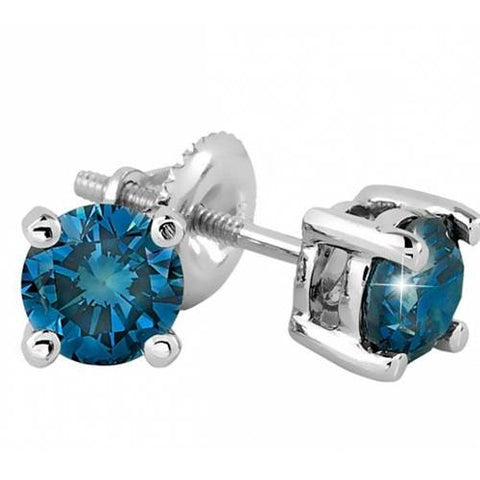 2ct Blue Diamond Studs 14K White Gold Lab Grown With Screw Backs