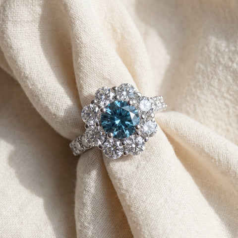 3 1/2Ct TW Blue & White Diamond Halo Engagement Ring 14k White Gold Lab Grown