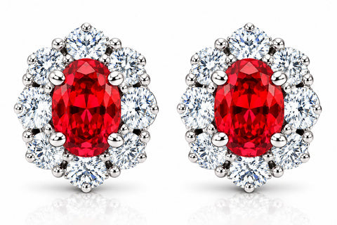 3 Ct Ruby & Diamond Halo Studs 14k White Gold