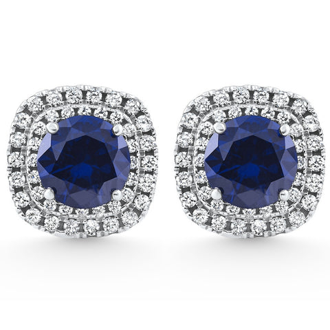 VS 2.65Ct Cushion Halo Blue Sapphire Diamond Studs White Gold Earring Lab Grown