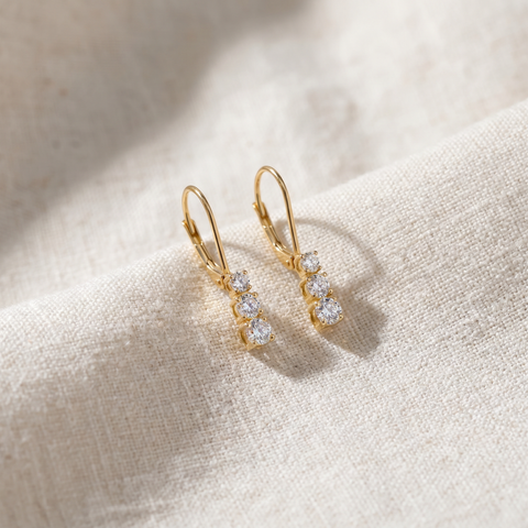1/4Ct TW Three Stone Diamond Leverback Hoops Women's Earrings 14k Gold 1/2" Tall