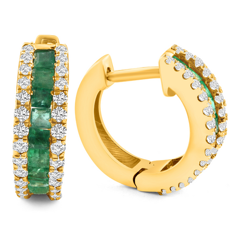 1 3/4Ct TW Princess Cut Emerald Hoops 10k Yellow Gold Women's Earrings 3/4" Tall