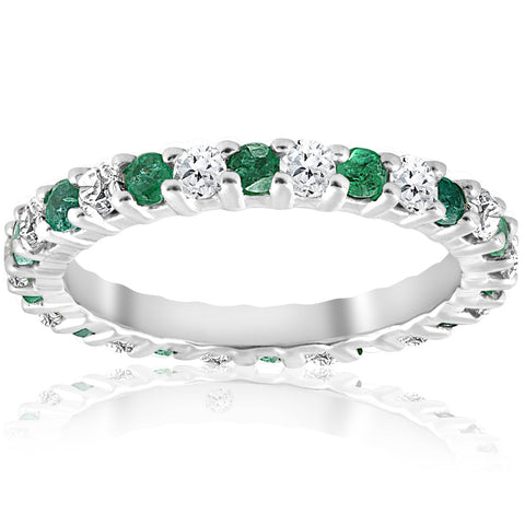 1 1/2ct Emerald Diamond Eternity Wedding Ring 14K White Gold