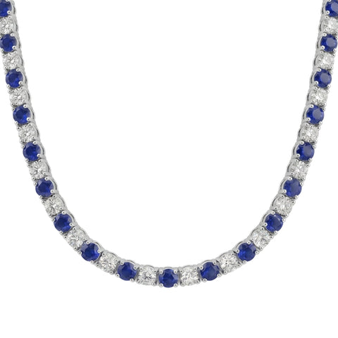 30Ct Blue Sapphire & Diamond Tennis Necklace 14k Gold 16.5" Lab Grown
