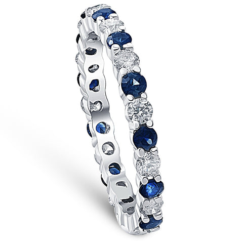 1 Ct TW Blue Sapphire Round Real Diamond Wedding Eternity Ring 10k White Gold