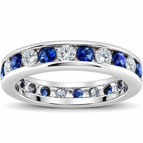 2ct Blue Sapphire & Diamond Channel Set Eternity Ring 14K White Gold