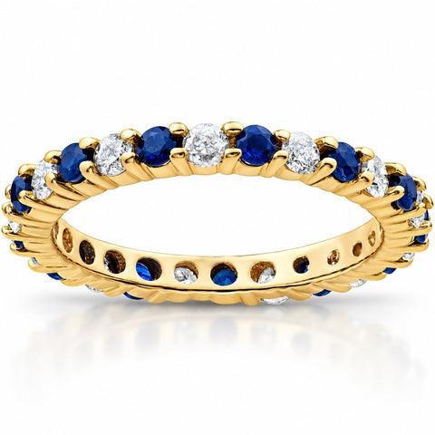 Blue Sapphire & Diamond Eternity Ring 1 1/2 ct Stackble Yellow Gold Wedding Band