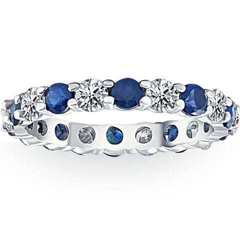 3ct Blue Sapphire & Diamond Eternity Wedding Ring 14K White Gold Stackable Band