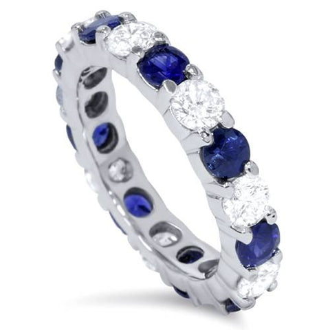 3ct Blue Sapphire & Diamond Eternity Wedding Ring 14K White Gold Stackable Band