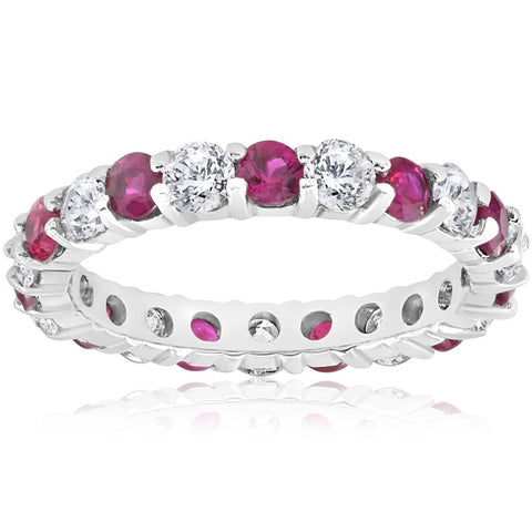 2 ct Ruby & Diamond Eternity Ring 14K White Gold Womens Stackable Wedding Band