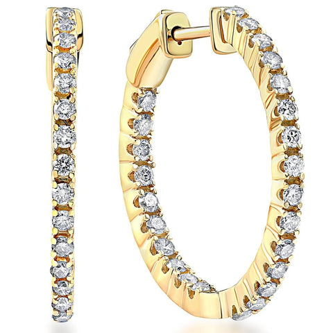 14k White or Yellow Gold 1Ct TW Round Natural Diamond Hoops 1" Tall