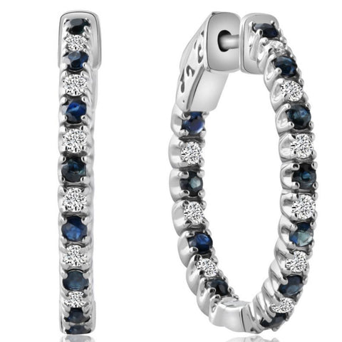 1 1/3Ct Diamond & Blue Sapphire Inside Outside Hoops Lab Grown
