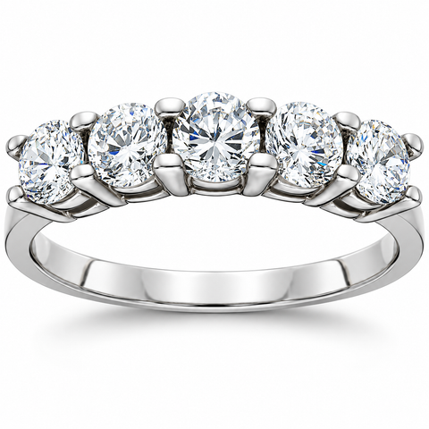 1Cttw 5-Stone Natural Round Diamond Wedding Anniversary Ring 14K White Gold Band