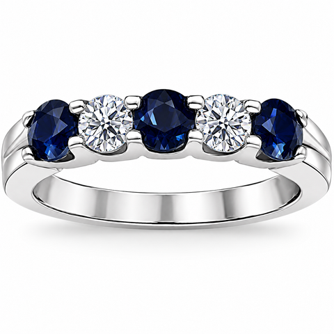 1Ct Blue Sapphire & Lab Grown Diamond Wedding Ring 5 Stone 14k White Gold