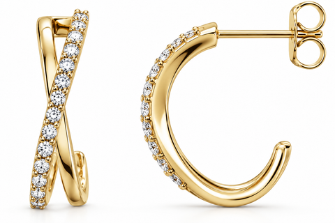 14K Yellow Gold Diamond Hoops Criss Cross Earrings 1/4 Carat Brilliant 3/4" Tall