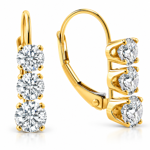 1/2ct TW 3-Stone Real Diamond Women's Lever Back Earrings 14K Yellow Gold