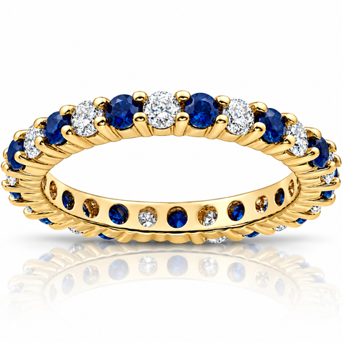 Blue Sapphire & Diamond Eternity Ring 1 1/2 ct Stackble Yellow Gold Wedding Band