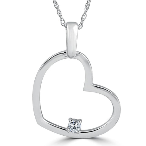 Solitaire Round Real Diamond Heart Pendant Solid 10K White Gold 1" Tall