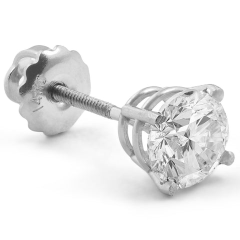 1/3ct Round Real Diamond Screw Back 14k White Gold Single Stud Earring