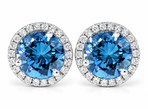 2 1/10ct Blue & White Diamond Halo Studs 10K White Gold Lab Grown