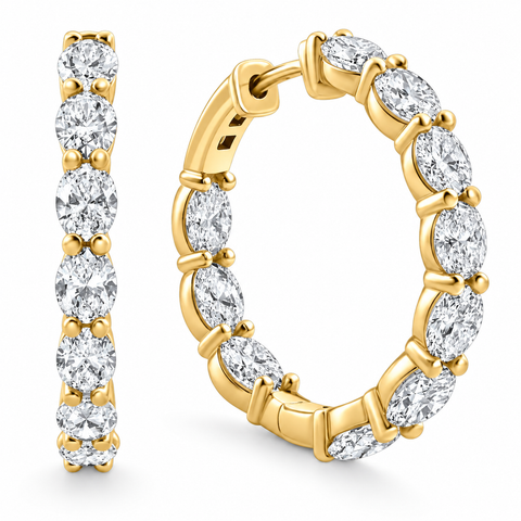 3Ct TW Oval Diamond Inside Outside Hoops 14k Yellow Gold Lab Grown 1"