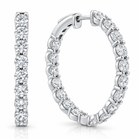 7Ct TW Round Diamond Inside Outside Hoops Vault Lock 14k White Gold Lab Grown