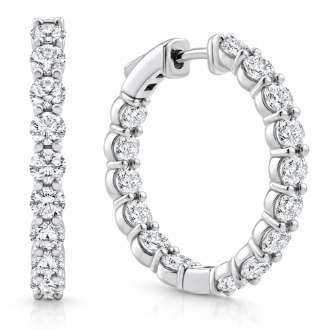 3Ct Diamond Lab Grown Inside Outside Hoops 14k Gold Eearrings 1" Tall
