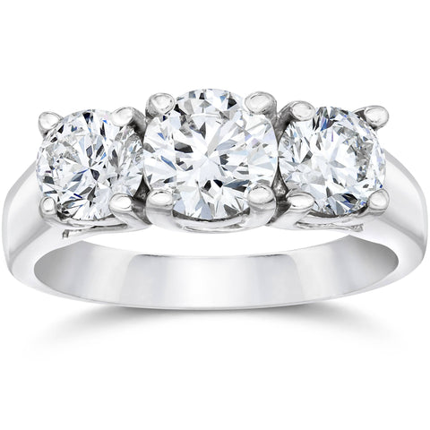 F/VS2 1 3/4Ct Three Stone Round Diamond Engagement Ring 14k White Gold Lab Grown