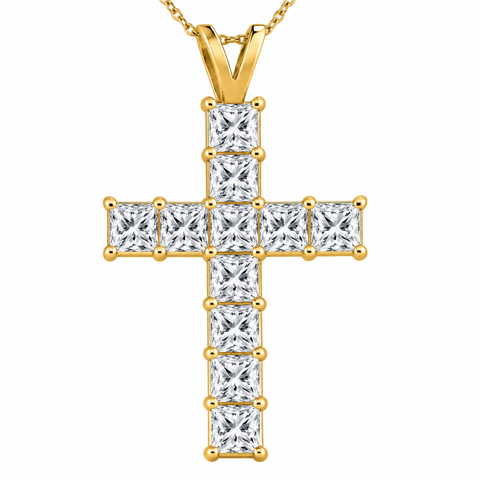 5.80Ct Princess Diamond Cross Pendant Gold Necklace Lab Grown 1 1/2" Tall