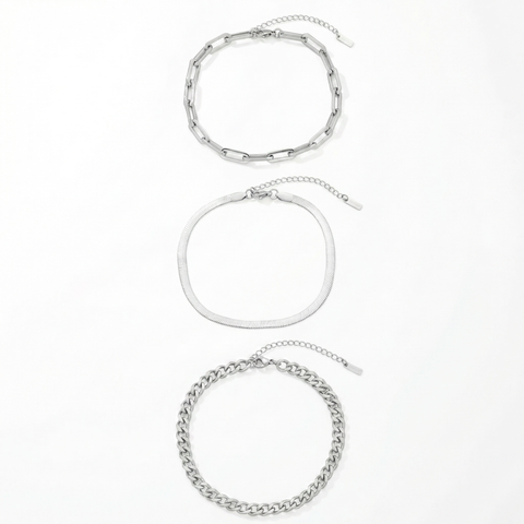 Cinthia Anklet 3 Piece Set Silver Plated 9" with 2" Extender