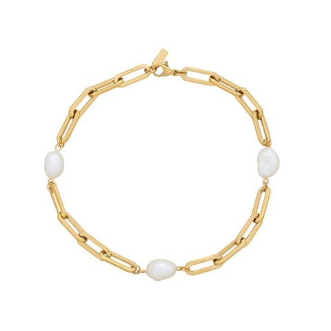Aviv Anklet 18k Gold Plated 10" 8mm Paperclip and Freshwater Pearl