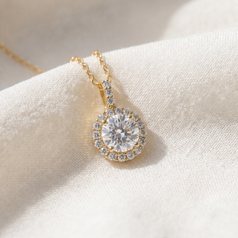 VS 1 1/4Ct Halo Diamond Moissanite Pendant Necklace 14k Yellow Gold 1/3" tall