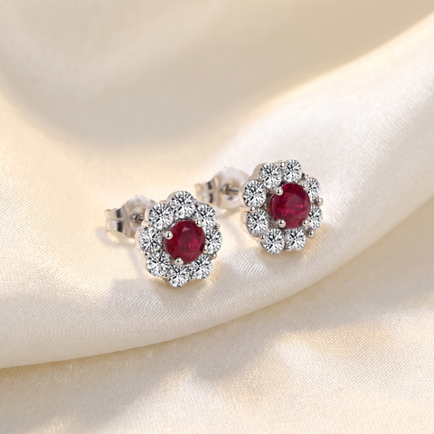 2 1/2ct Genuine Round Ruby & Diamond Halo Womens Studs Earrings 14K White Gold