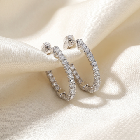 VS/G 1.25 Ct Diamond Oval Shape Inside Outside Hoops Earrings 14k White Gold 1"