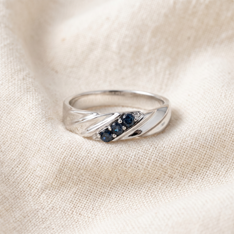 1/10ct Treated Blue Diamond Mens Three Stone Wedding Ring 14K White Gold