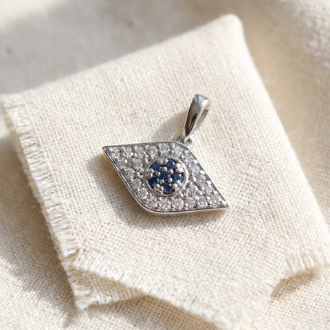 1/4ct Treated Blue & White Diamond Evil Eye Pendant 14K White Gold W/ 18" Chain